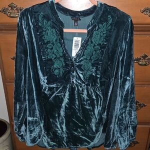 Torrid Teal Velvet Blouse with Floral Embroidery